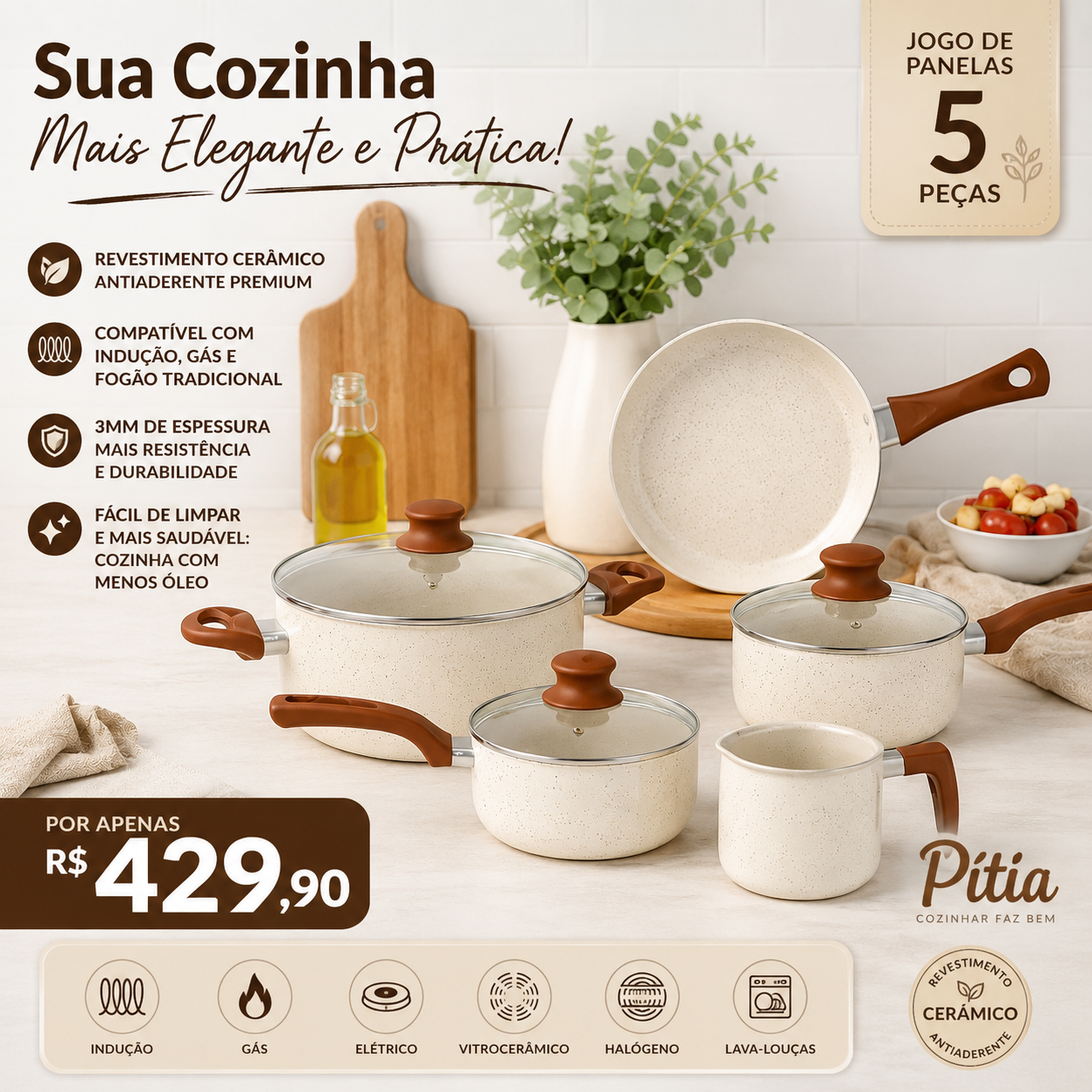 Jogo De Panelas Cerâmica Tampa De Vidro 5 Peças De Indução 3mm Revestimento Cerâmico Creme Para Fogão Tradicional Gás Antiaderente Pítia