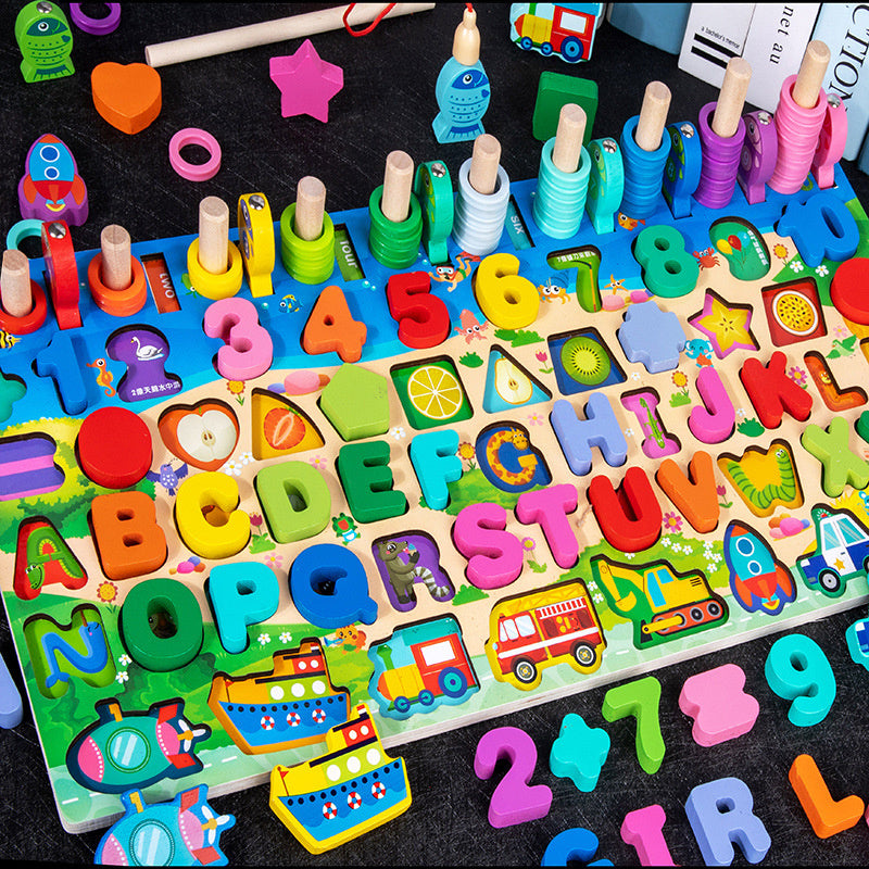 🧠 Brinquedo Educativo Montessori de Madeira – Letras, Números e Pescaria