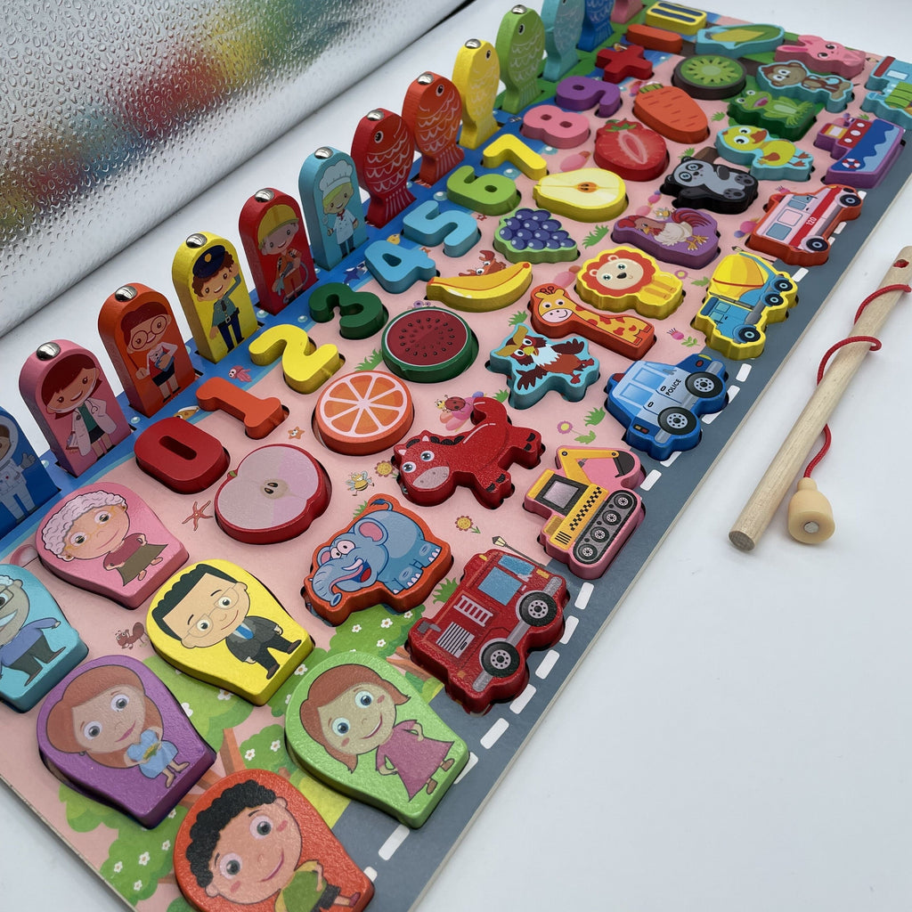 🧠 Brinquedo Educativo Montessori de Madeira – Letras, Números e Pescaria