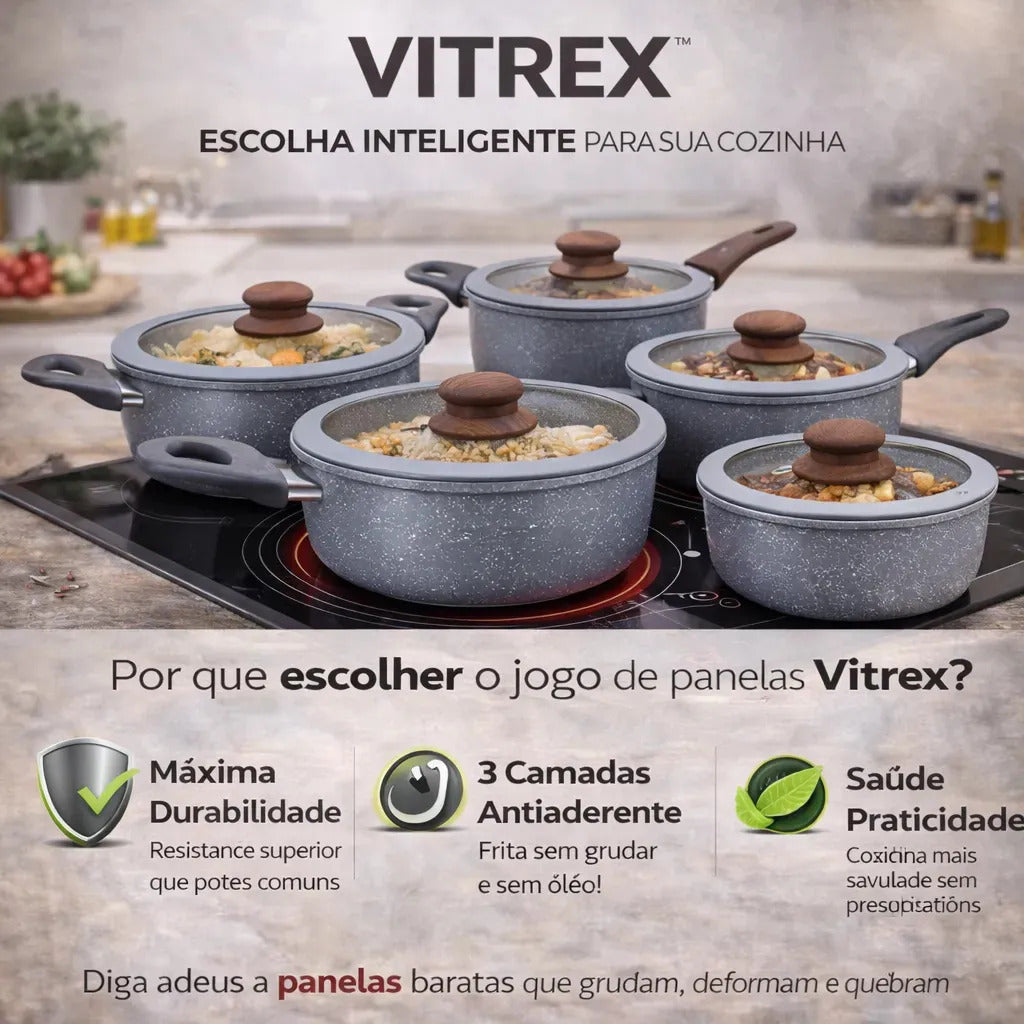 Jogo 5 Panelas Messina Indução Cerâmica Creme Granito Vitrex Premium