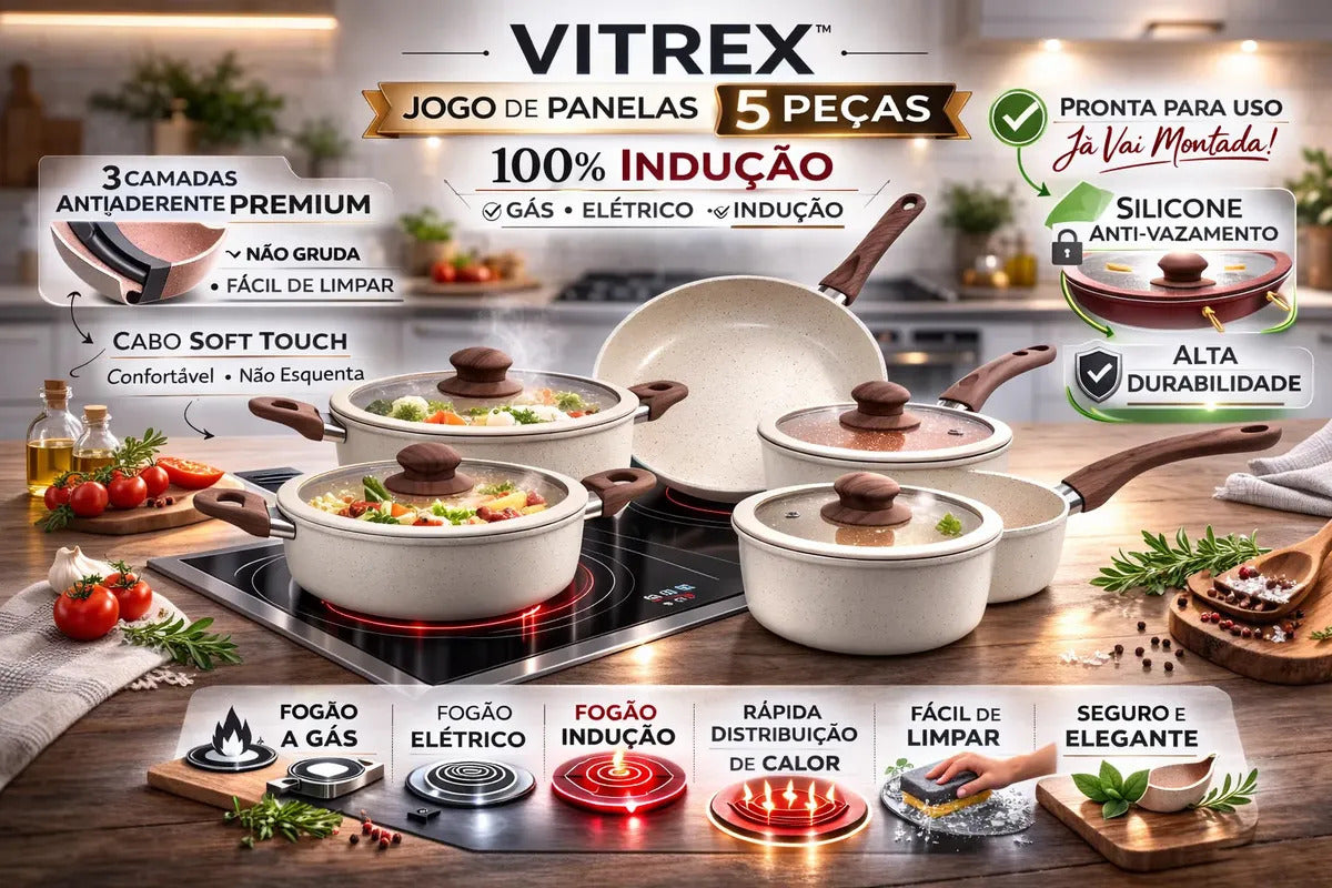 Jogo 5 Panelas Messina Indução Cerâmica Creme Granito Vitrex Premium