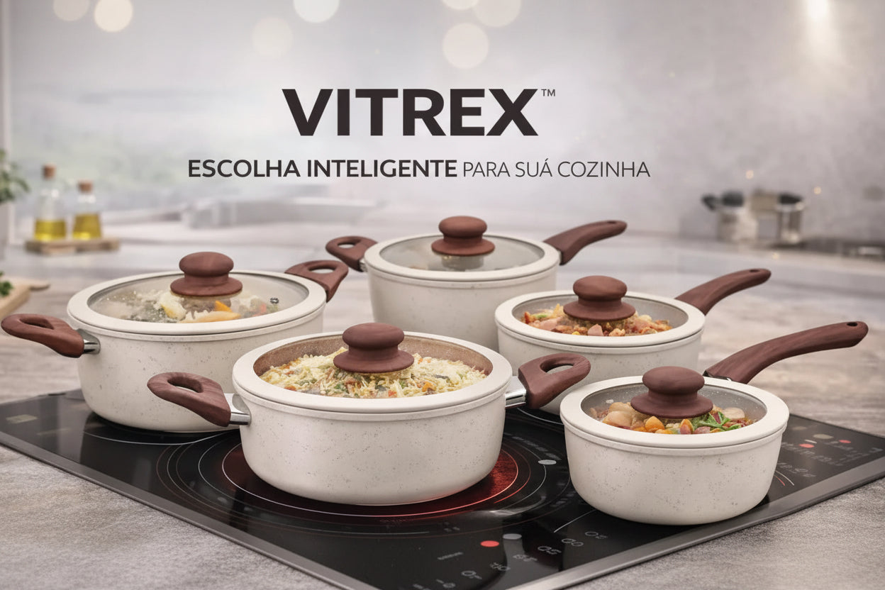 Jogo 5 Panelas Messina Indução Cerâmica Creme Granito Vitrex Premium