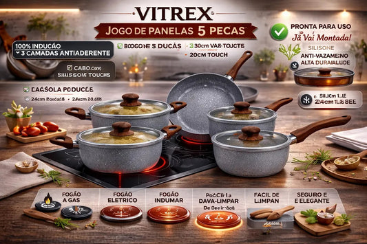 Jogo 5 Panelas Messina Indução Cerâmica Creme Granito Vitrex Premium