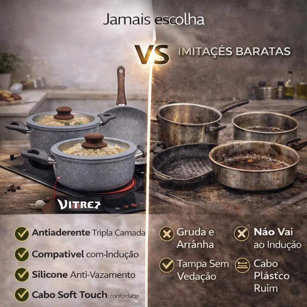 Jogo 5 Panelas Messina Indução Cerâmica Creme Granito Vitrex Premium
