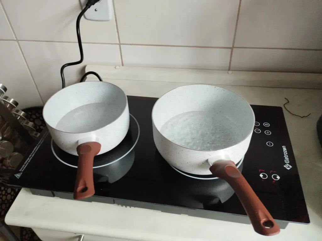 Jogo De Panelas Cerâmica Tampa De Vidro 5 Peças De Indução 3mm Revestimento Cerâmico Creme Para Fogão Tradicional Gás Antiaderente Pítia