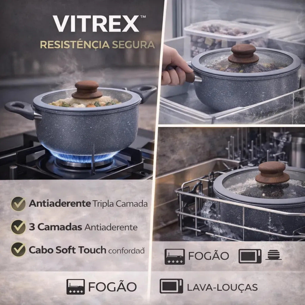 Jogo 5 Panelas Messina Indução Cerâmica Creme Granito Vitrex Premium