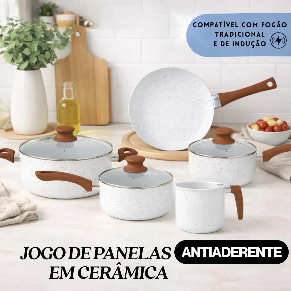 Jogo De Panelas Cerâmica Tampa De Vidro 5 Peças De Indução 3mm Revestimento Cerâmico Creme Para Fogão Tradicional Gás Antiaderente Pítia