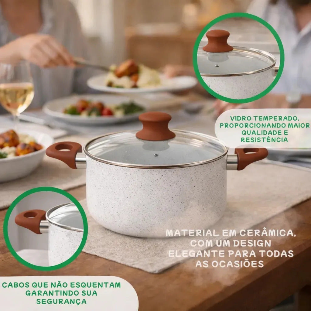 Jogo De Panelas Cerâmica Tampa De Vidro 5 Peças De Indução 3mm Revestimento Cerâmico Creme Para Fogão Tradicional Gás Antiaderente Pítia
