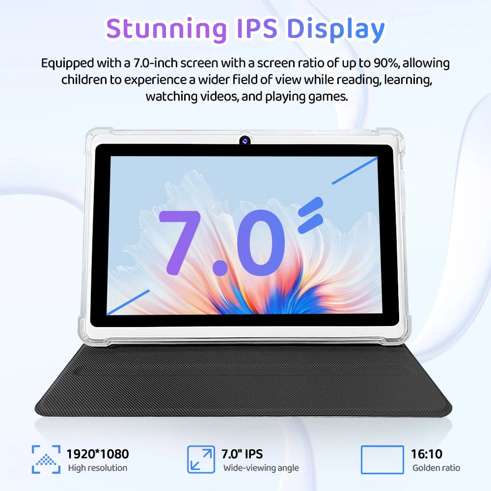 Kids 7" Tablet: 16GB+1TB, Android 14, Qcta Core, 5MP+5MP, 6800mAh, GPS, Built-in Games, Wholesale New