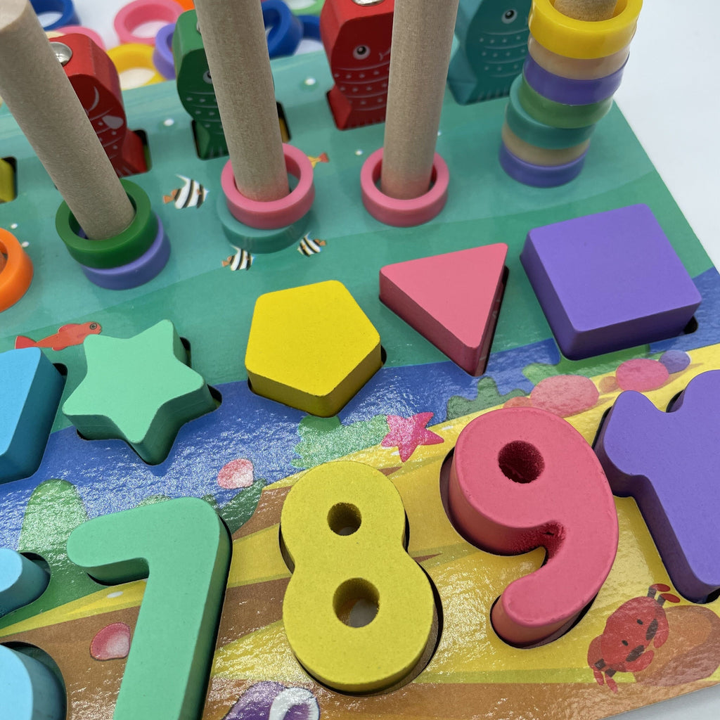 🧠 Brinquedo Educativo Montessori de Madeira – Letras, Números e Pescaria