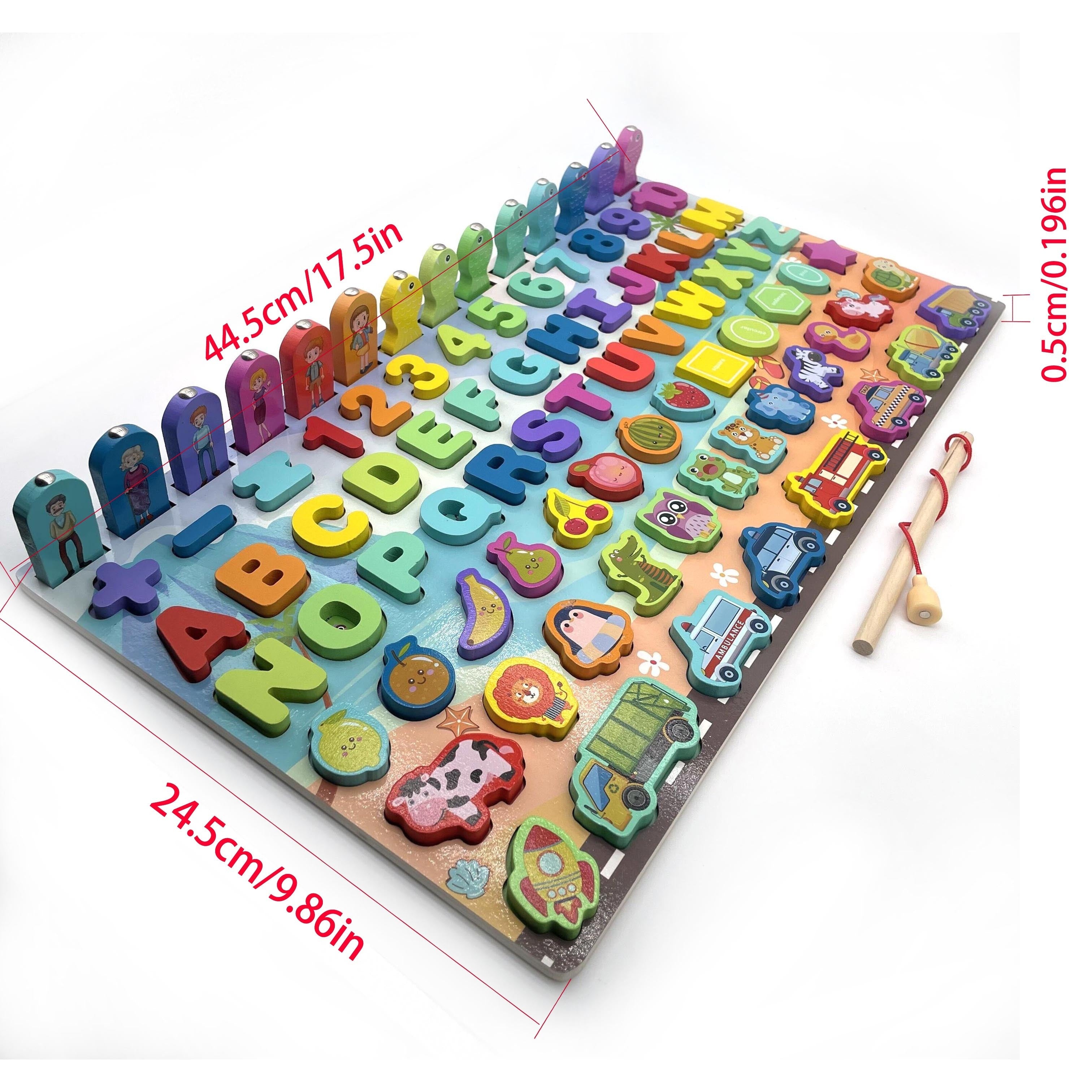 🧠 Brinquedo Educativo Montessori de Madeira – Letras, Números e Pescaria