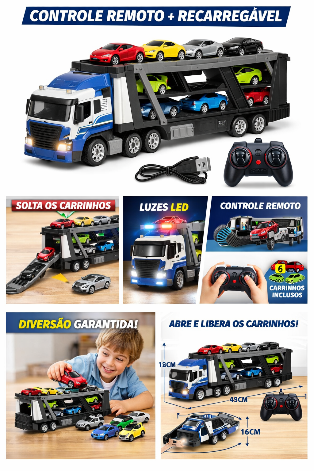 🚛 Caminhão Cegonha Controle Remoto com Carrinhos