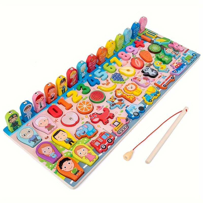 🧠 Brinquedo Educativo Montessori de Madeira – Letras, Números e Pescaria