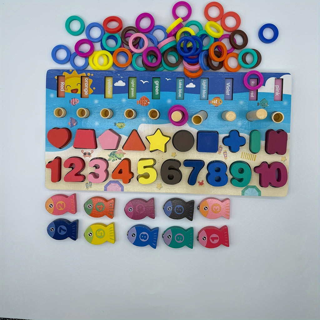 🧠 Brinquedo Educativo Montessori de Madeira – Letras, Números e Pescaria