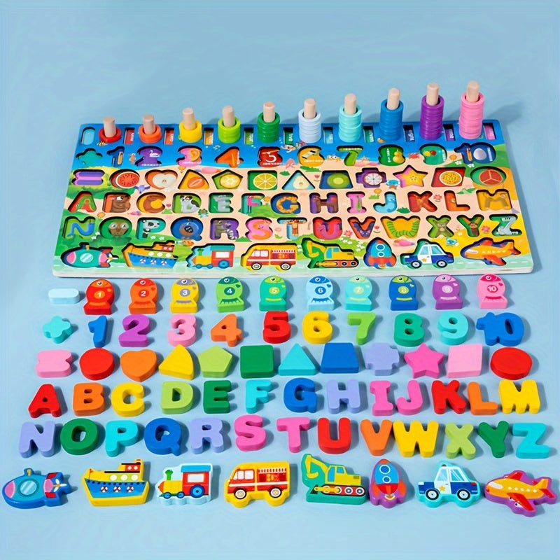 🧠 Brinquedo Educativo Montessori de Madeira – Letras, Números e Pescaria