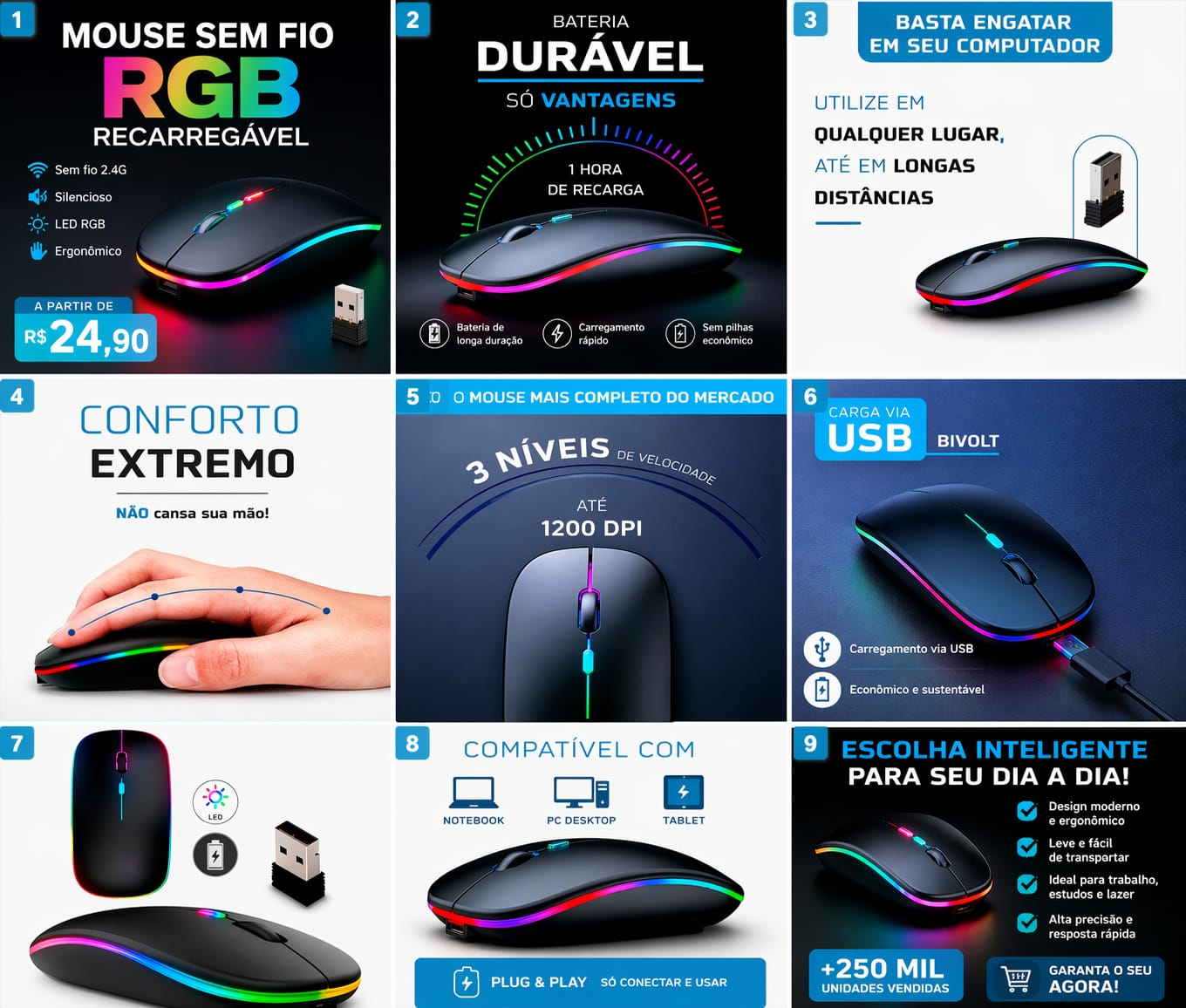 Mouse Sem Fio Bluetooth 2.4G Ergonômico Silencioso Notebook PC