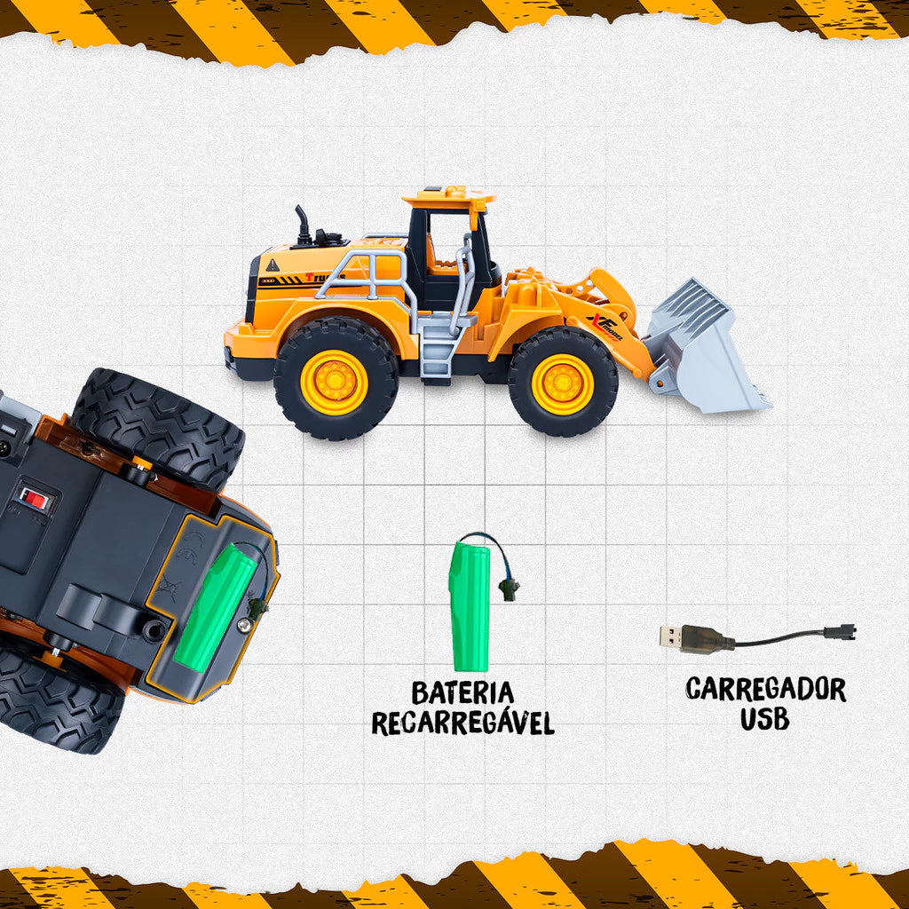 🚜 Trator Retroescavadeira Controle Remoto com Fumaça