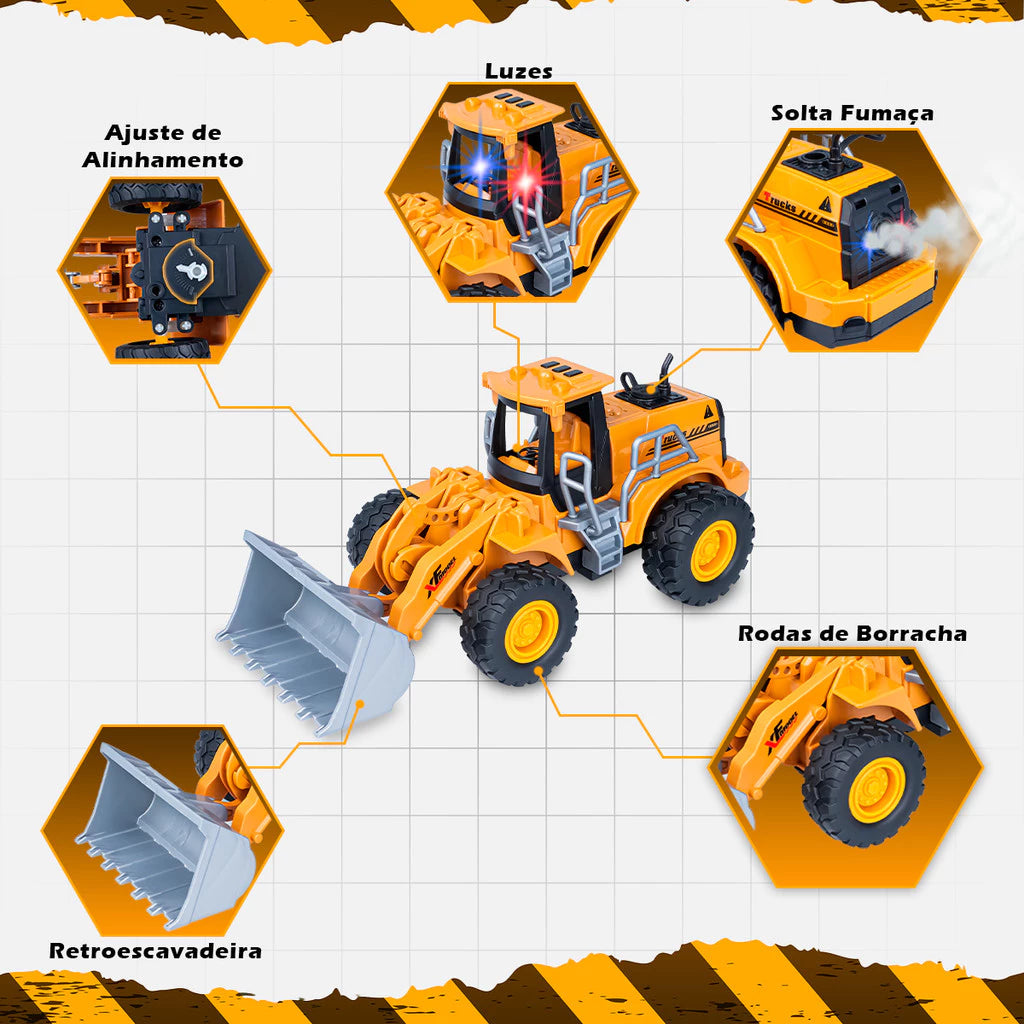 🚜 Trator Retroescavadeira Controle Remoto com Fumaça