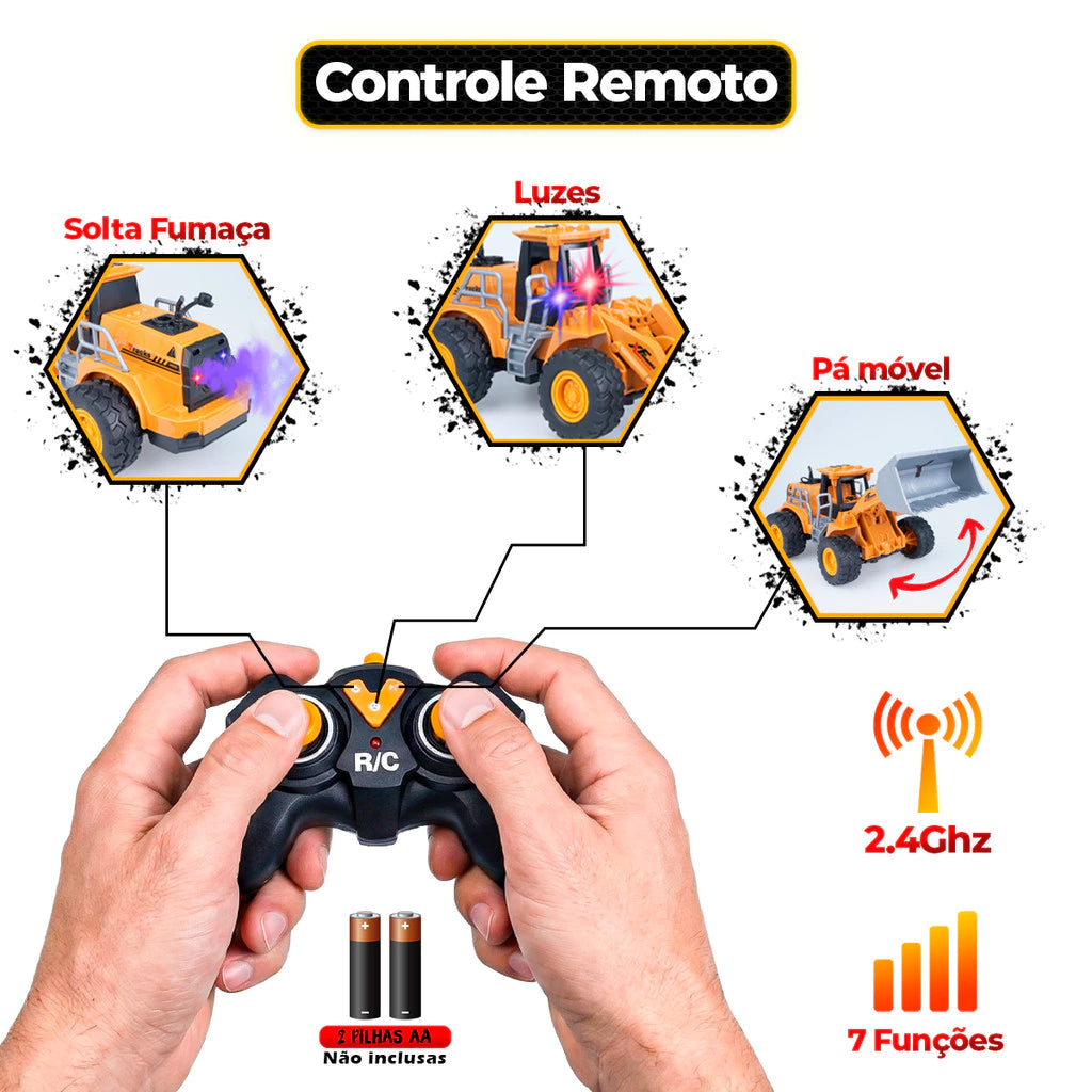 🚜 Trator Retroescavadeira Controle Remoto com Fumaça