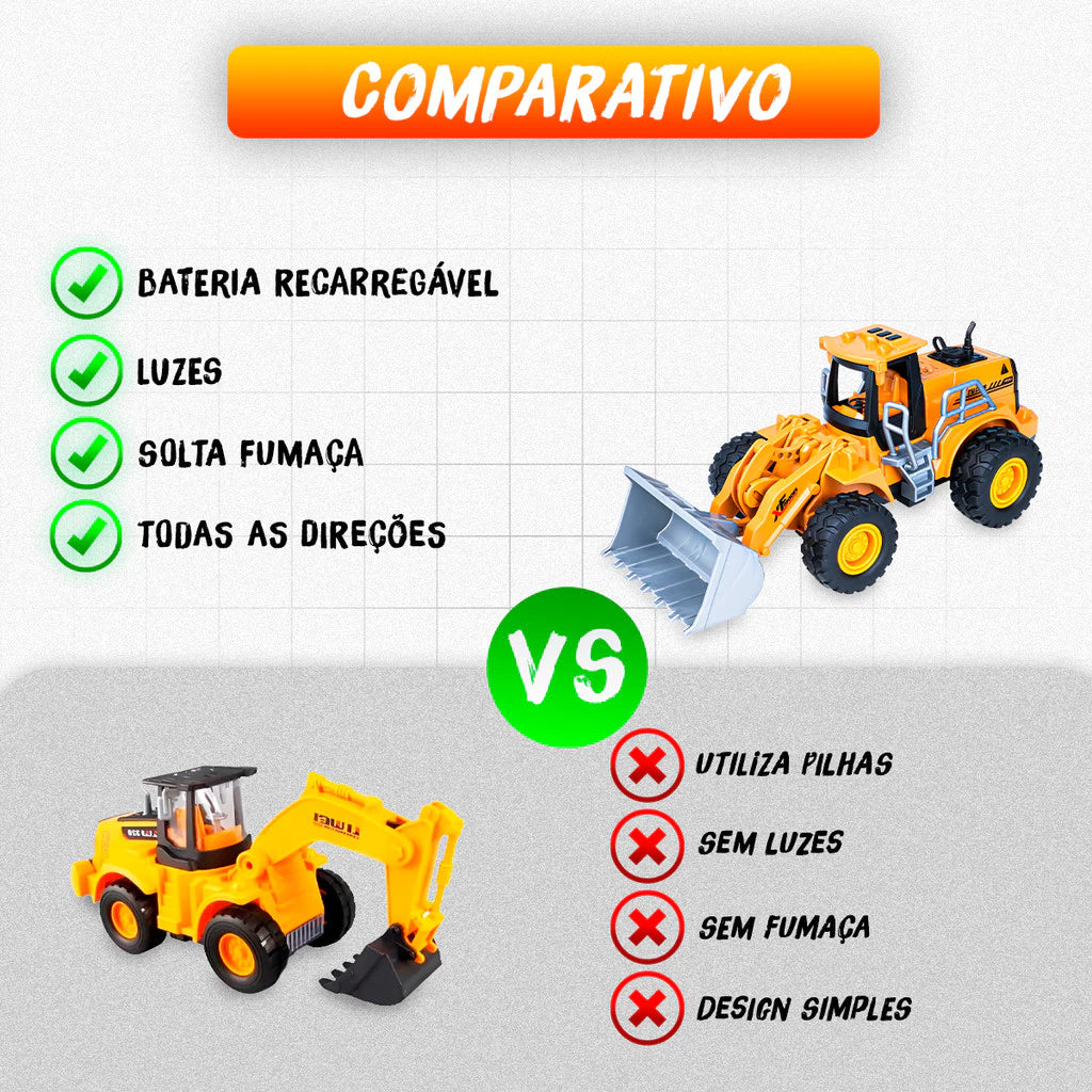 🚜 Trator Retroescavadeira Controle Remoto com Fumaça